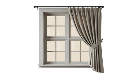 Rustic Window with Gray Curtains Tied Back, Isolated on White Background