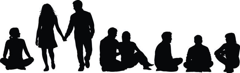 People silhouette vector, sitting and walking poses, social interaction design, relaxed posture graphic, companionship concept illustration, flat vector illustration