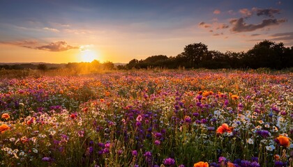 Vibrant Field Of Wildflowers In Full Bloom During Sunset Creating A Warm Atmosphere