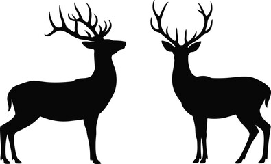 Deer silhouette vector, antlered wildlife illustration, animal facing pose, forest creature design, nature symmetry graphic, flat vector illustration