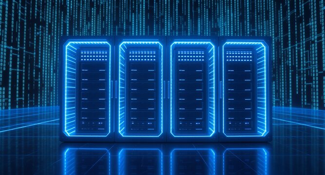 Glowing Neon Data Center Servers in a Futuristic Environment