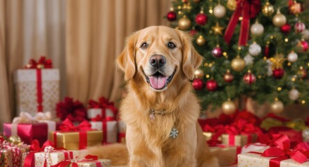 Golden Retriever Smiling by a Christmas Tree with Gifts