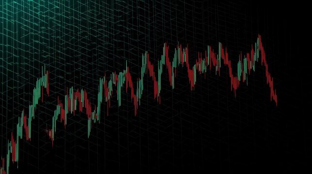 Green and red bars create a fluctuating pattern against a black backdrop with cyan grid lines