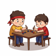 Cartoon Handdrawn Children Playing Traditional Game on Square Table Illustration