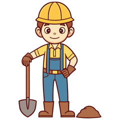 Professional Young Worker Standing with Shovel Flat Style Vector 