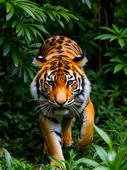 Fototapeta premium Majestic, ancient Indonesian feline species, Javan tiger, roams freely in dense, lush rainforest, showcasing its powerful physique and vibrant orange, black stripes.