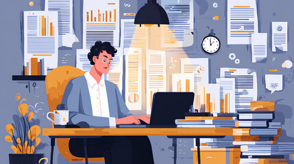 AI analyzing and summarizing data reports or papers. Artificial intelligence generating document. Businessman typing on laptop computer keyboard at desk in office. Stock Illustration