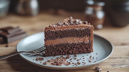 Delicious slice of chocolate fudge cake with cream filling and toppings on a plate