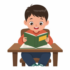 Cartoon Cheerful Boy Reading Book At Wooden Desk Illustration