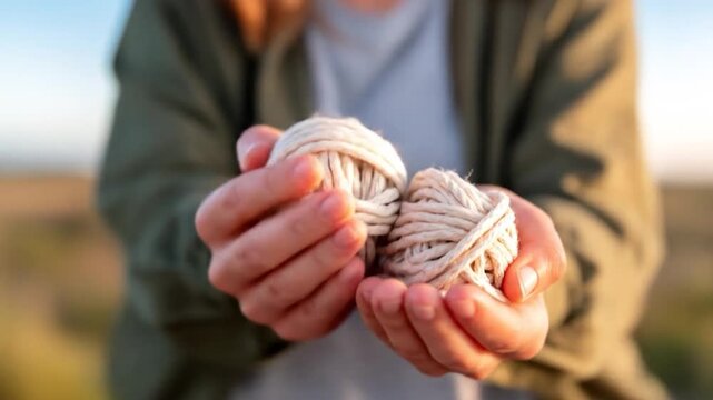 Person holding two balls of twine in hands craft or diy project