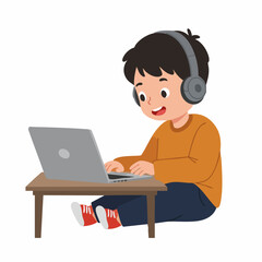 Cartoon Style Boy with Headphone Using Laptop on Small Table Illustration