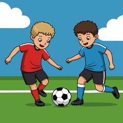 Cheerful Cartoon Style Two Boys Playing Soccer Outdoor Illustration