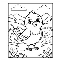 Cute Cartoon Bird Coloring Page for Kids Fun Animal Vector Illustration, Bird Coloring Page Vector Printable Cartoon Animal Line Art for Children, Adorable Animal Coloring Page Happy Bird.