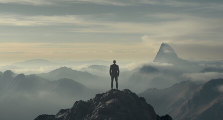 Man stands on a mountain top, viewing a vast landscape of peaks.