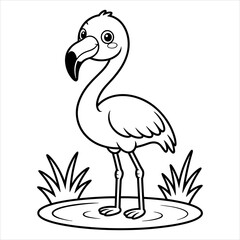 Cute Cartoon Flamingo Coloring Page Fun Animal Bird Vector for Kids, Flamingo Coloring Page Vector Printable Animal Bird Cartoon for Children’s Activities, Adorable Bird Coloring Page.