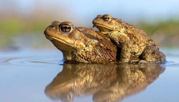 Two toads, one large, one small, on water