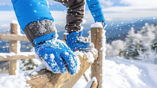 Child in blue winter gear balancing on snowy wooden fence during snowfall, enjoying a playful outdoor adventure