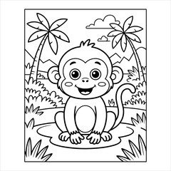 Cute Monkey Coloring Page Vector for Kids Printable Jungle Animal, Cartoon Monkey Coloring Book Page Jungle Animal Line Art, Happy Monkey Coloring Sheet Vector for Children Activity Printable.