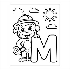Monkey Alphabet Letter M Coloring Page Vector for Kids, Cute Monkey Cartoon Letter M Animal Coloring Book Page, Letter M Monkey Outline Vector Illustration for Children’s Coloring.