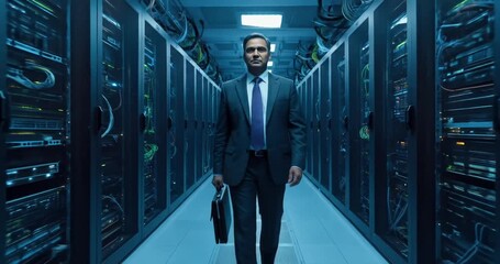 Businessman walking confidently in a server room - Powered by Adobe