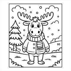 Cute Moose Coloring Page Vector for Kids Winter Animal Illustration, Cartoon Moose Winter Scene Coloring Book Page Outline Vector, Moose Animal Coloring Page Vector Cute Winter Wildlife Illustration.