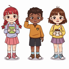 Cute Cartoon Style Diverse Group of Children Standing Together Illustration