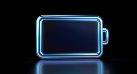 Neon Battery Symbol with Glowing Light and Reflection on Black Background