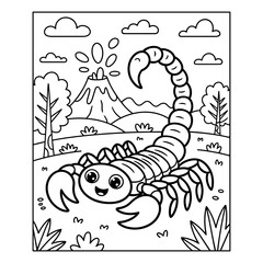 Cute Scorpion Coloring Page Vector for Kids, Cartoon Animal Line Art Illustration, Printable Scorpion Coloring Sheet with Volcano Background, Fun Insect Vector for Children.

Happy Scorpion Cartoon C