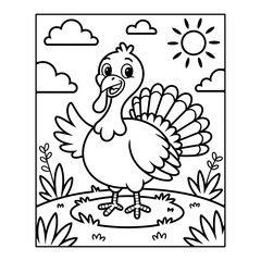 Turkey Coloring Page Vector for Kids, Cartoon Farm Bird Line Art Illustration, Printable Turkey Coloring Sheet for Thanksgiving, Cute Animal Cartoon Vector, Happy Turkey Cartoon Coloring Book Page.