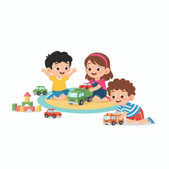 Colorful Flat Illustration Group of Kids Playing with Toy Cars