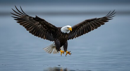 Obraz premium Bald Eagle Flies over Water with Wings Spread