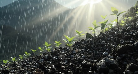 New Life Emerging Young Plants Growing in the Rain and Sunlight
