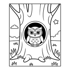 Cute Owl Coloring Page Vector for Kids, Cartoon Bird Sitting in Tree Hole Line Art Illustration, Printable Owl Coloring Sheet Fun Cartoon Bird in Tree Trunk Animal Vector for Children.