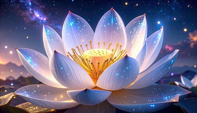 Luminous lotus blooms under a starry cosmic sky