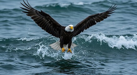 Bald Eagle Hunting Prey in Ocean with Wings Extended
