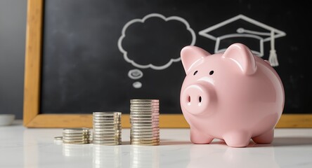 Piggy Bank, Coin Stacks, and Blackboard Savings and Education Concept