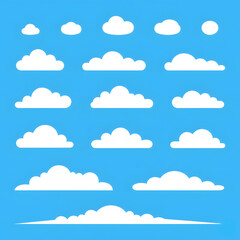 Fototapeta premium Collection of cartoon style white clouds of various shapes and sizes on a clear blue sky background