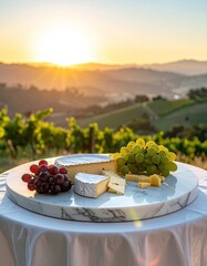 Cheese, grapes, sunset on table. Scenic hills backdrop