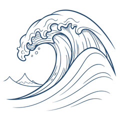 A stylized hand drawn illustration of a large cresting ocean wave in a classic japanese art style with mountains in the background on a white background