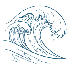 Naklejka premium A stylized blue line art illustration of a powerful ocean wave crashing and breaking with spray and foam against a white background