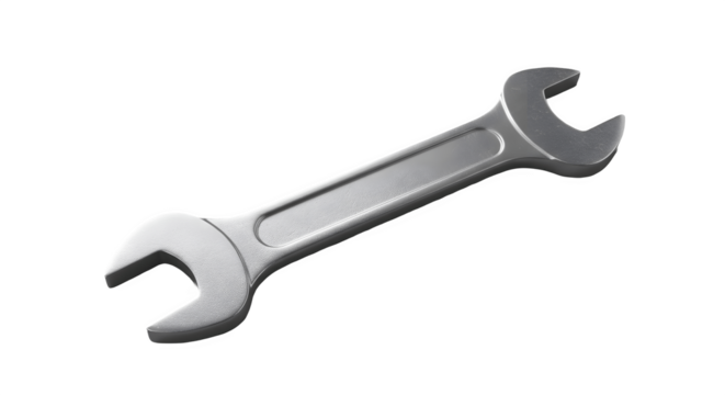 Steel wrench spanner isolated on white background in close-up, professional hand tool for mechanics, construction, engineering, automotive repair, DIY maintenance, industrial equipment and hardware us
