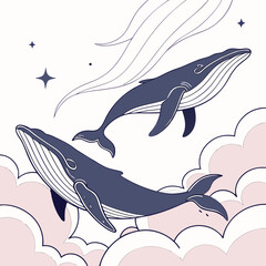 Two elegant blue whales gracefully swim through soft pink clouds against a pale sky adorned with stars and celestial swirls evoking a dreamlike and serene atmosphere