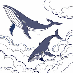 Two majestic blue whales gracefully swim through stylized clouds in a whimsical illustration evoking a sense of wonder and freedom in the sky
