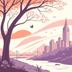 Fototapeta premium Stylized illustration of a serene cityscape at sunset featuring a prominent tree in the foreground a suspension bridge and iconic skyscrapers under a pastel sky with birds in flight