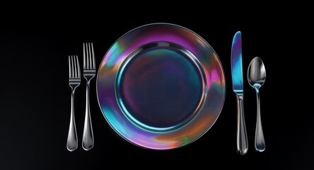 Rainbow colored tableware setting on black background