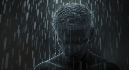 Rainy day portrait, water droplets flowing, dramatic, grayscale, sadness, emotion
