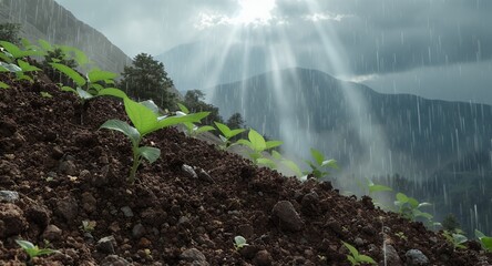 Rain showers over young plants and mountainous landscape