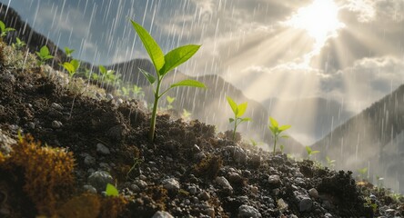 Rainy Day and Young Plants in Sunlight