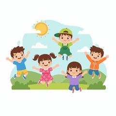 Cheerful Cartoon Style Children Playing Outdoor in Nature Illustration