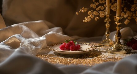 Raspberries on Plate with Elegant Gold Details